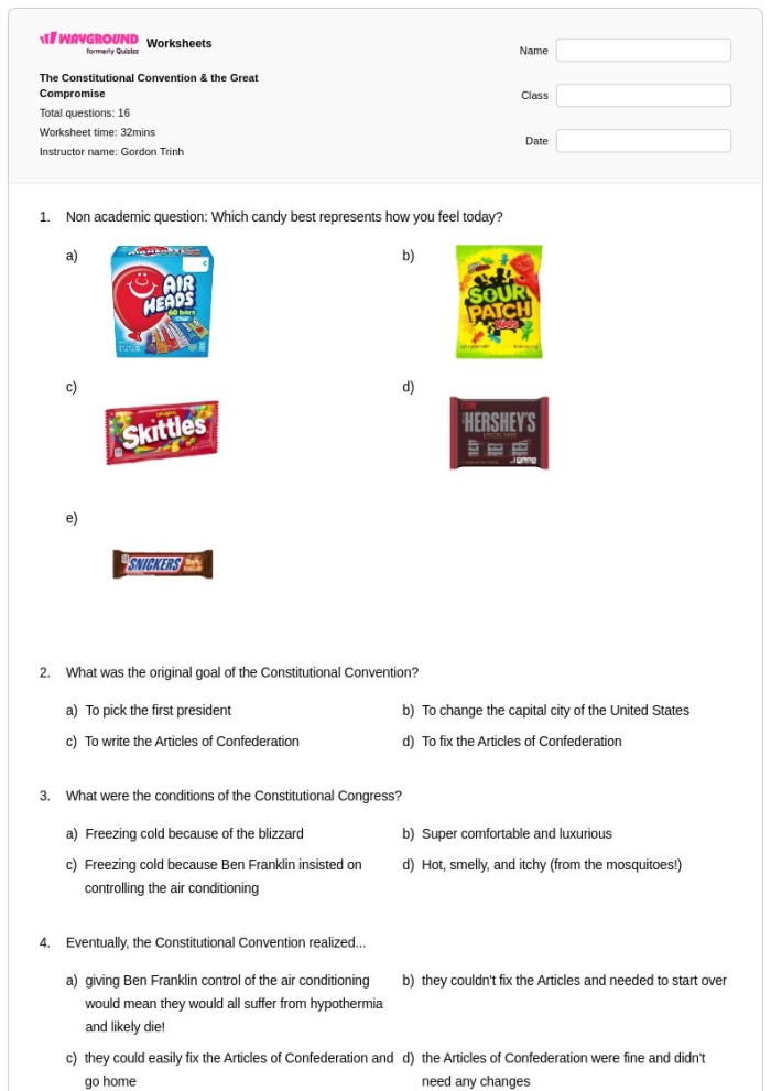 Worksheet featuring the Great Compromise for sixth-grade social studies learners Students engaging with the Great Compromise worksheet about the 1787 Constitutional Convention