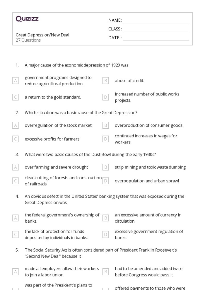 Worksheet focusing on the Great Depression for fifth-grade students to enhance reading comprehension skills. Educational resource image illustrating a Great Depression-themed worksheet for grammar and mechanics.