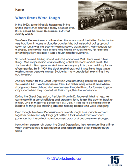 Worksheet for fifth graders on the topic of the Great Depression to enhance reading comprehension skills