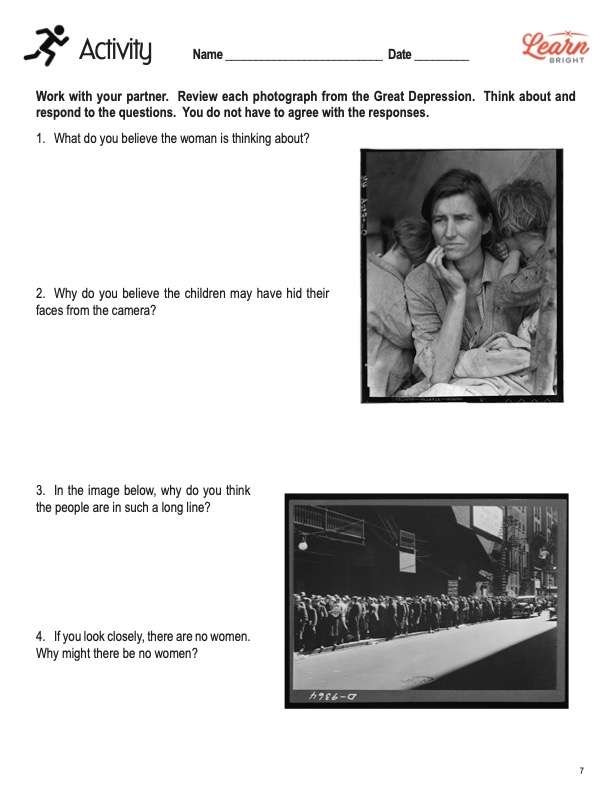 Worksheet illustrating the Great Depression for fifth-grade students to enhance reading comprehension. Educational resource for understanding the impacts of the Great Depression.