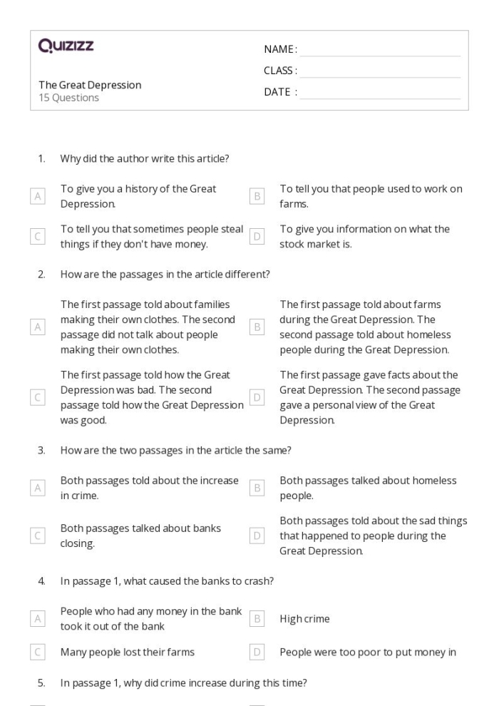 Great Depression worksheet designed for fifth-grade students to enhance their reading comprehension skills