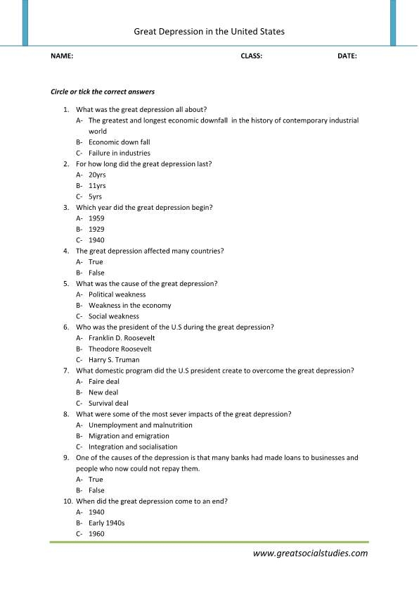 worksheet on the Great Depression for fifth graders to enhance reading comprehension skills