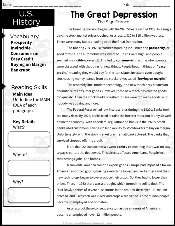 Great Depression worksheet for fifth graders to enhance reading comprehension skills