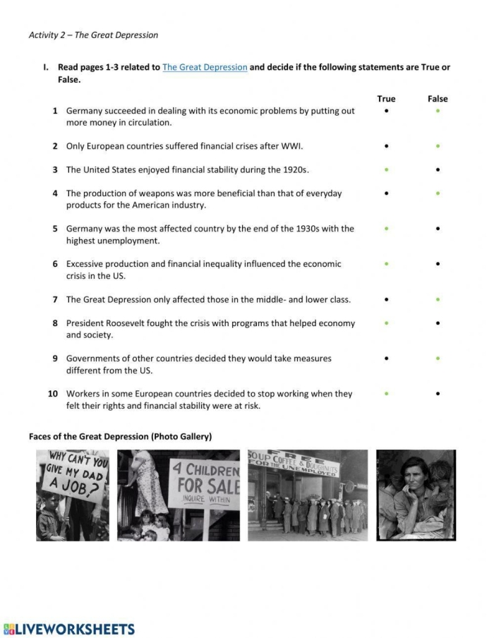 Worksheet on the Great Depression for fifth-grade students to enhance reading comprehension skills