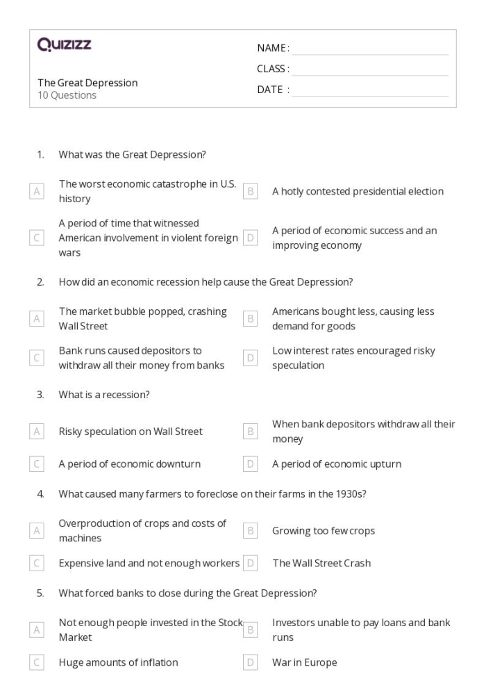Visual representation of a Great Depression worksheet for fifth graders