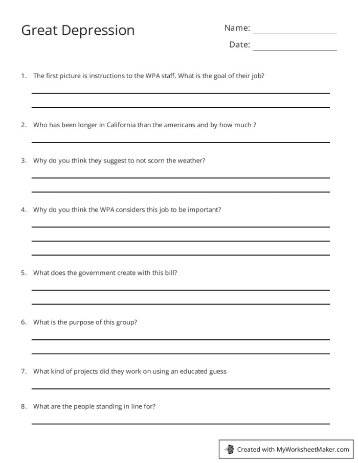 Worksheet featuring educational content on the Great Depression for fifth graders
