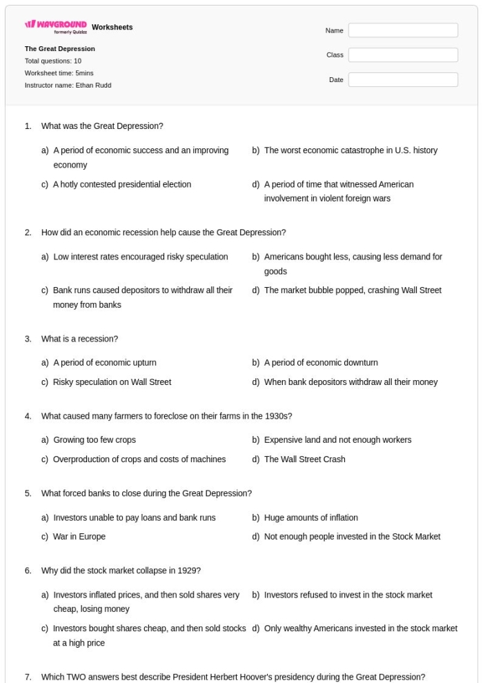 Worksheet illustrating key facts about the Great Depression for fifth graders