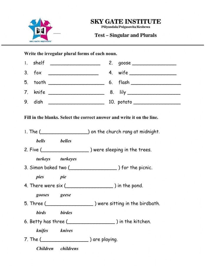 Worksheet on singular and plural nouns for third graders to enhance grammar skills
