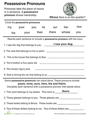 Worksheet featuring possessive pronouns to enhance grammar skills for third graders