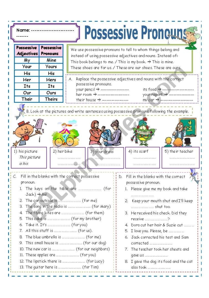 Worksheet featuring possessive pronouns to enhance third-grade grammar skills