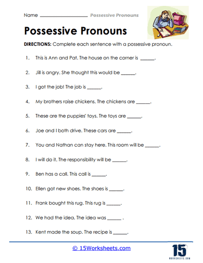 Worksheet featuring possessive pronouns to enhance third-grade grammar skills