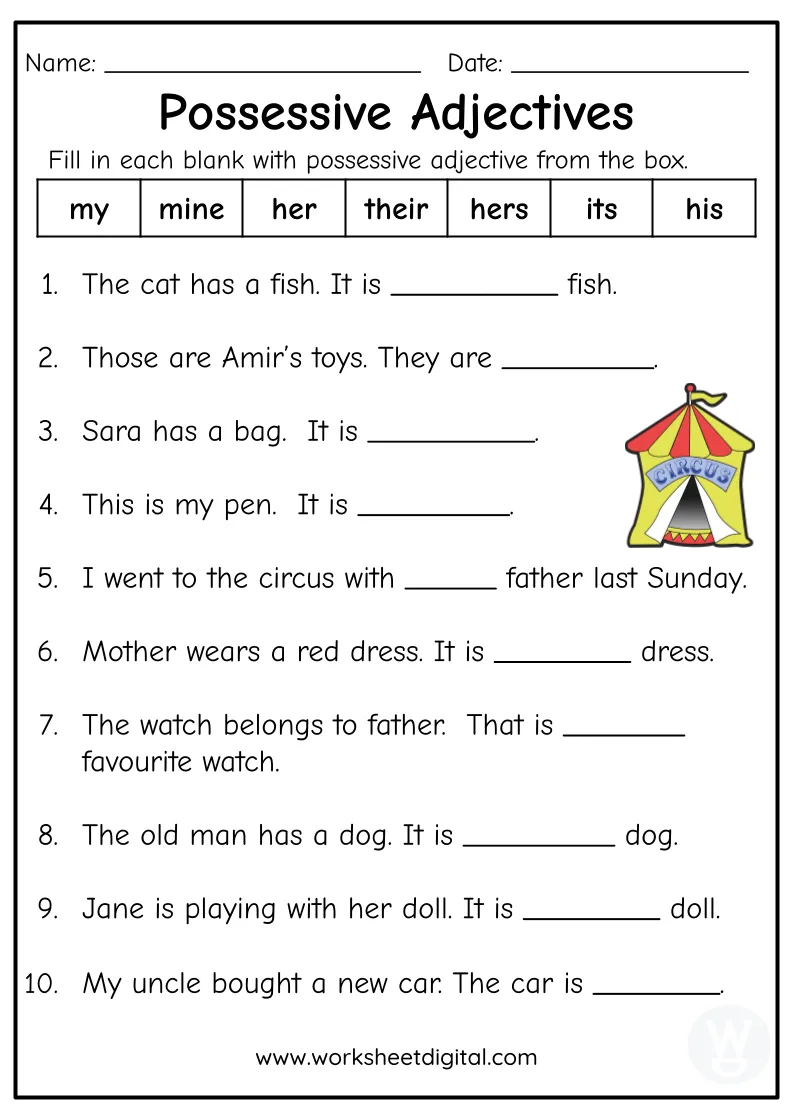Worksheet featuring possessive pronouns to enhance grammar skills for third graders