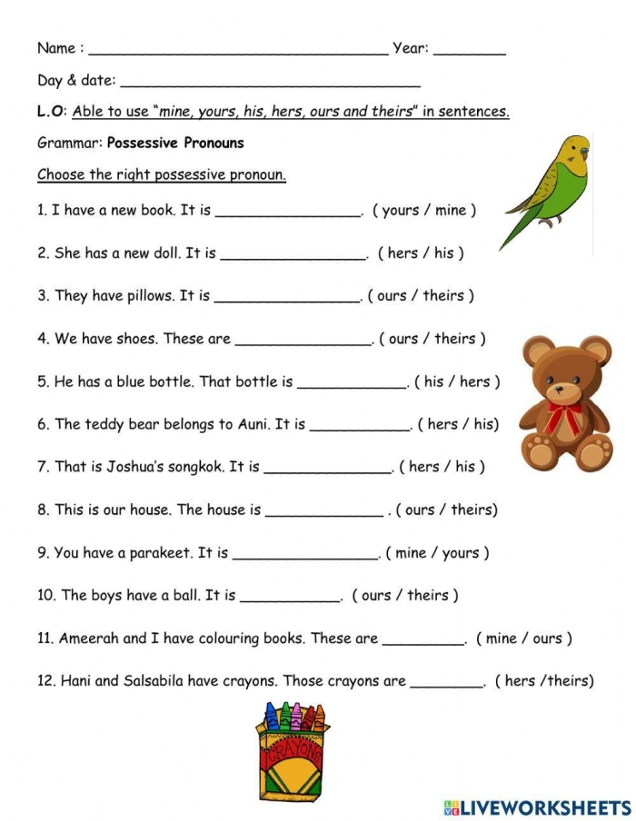 Worksheet featuring possessive pronouns to enhance grammar skills for third graders