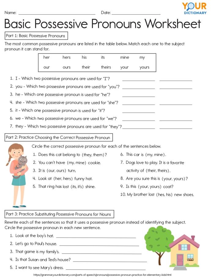 Worksheet focusing on possessive pronouns to enhance grammar skills for third graders