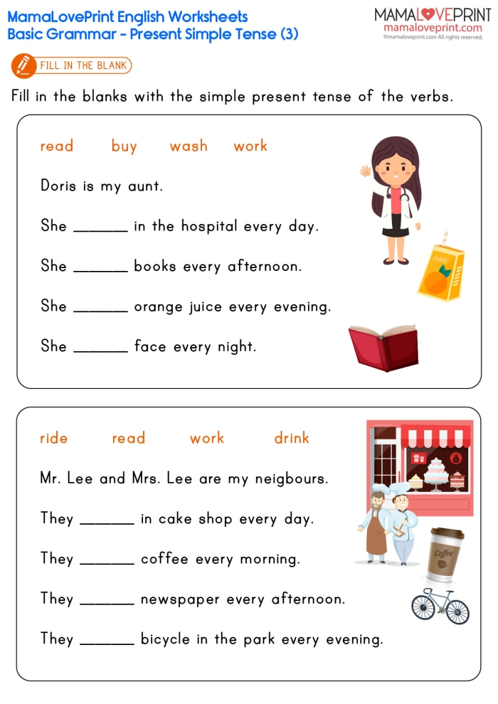 Great Grammar worksheet focusing on present tense action verbs for third graders