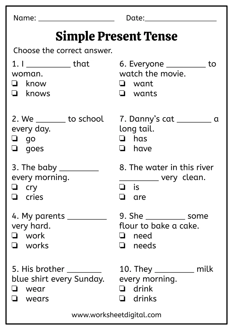 Great Grammar worksheet focusing on present tense action verbs for third graders