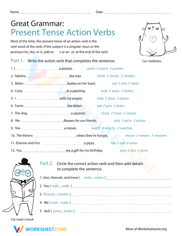 Great Grammar worksheet focusing on present tense action verbs for third graders