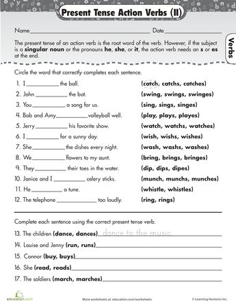 Great Grammar worksheet focusing on present tense action verbs for third graders