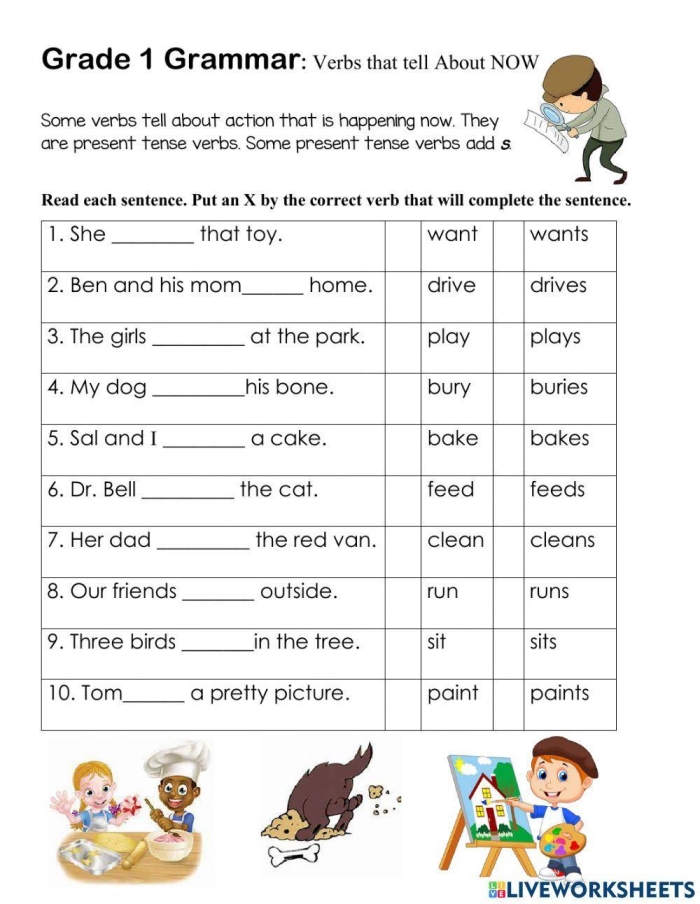 Great Grammar worksheet featuring present tense action verbs for third graders