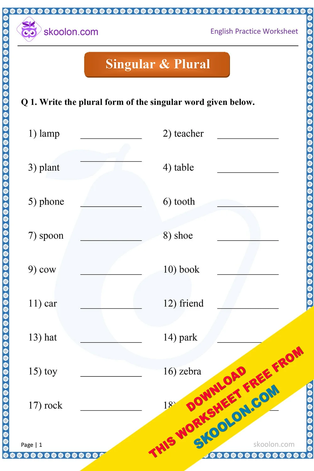 Worksheet for teaching singular and plural nouns to third graders