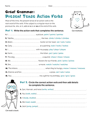 Great Grammar worksheet focused on present tense action verbs for third graders