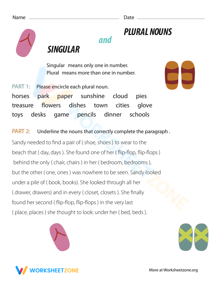 Worksheet illustrating singular and plural nouns for third graders.