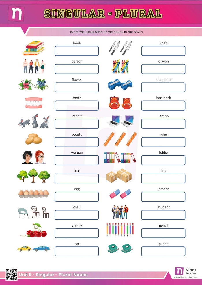 Worksheet illustrating singular and plural nouns for third graders