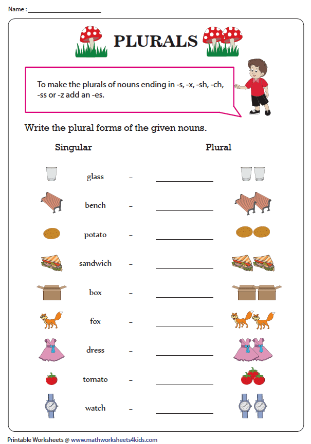 Children practicing singular and plural nouns in a grammar worksheet