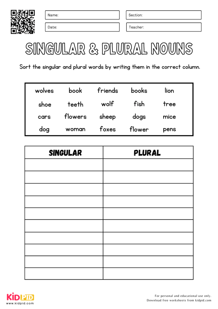 Worksheet featuring singular and plural nouns for third-grade students