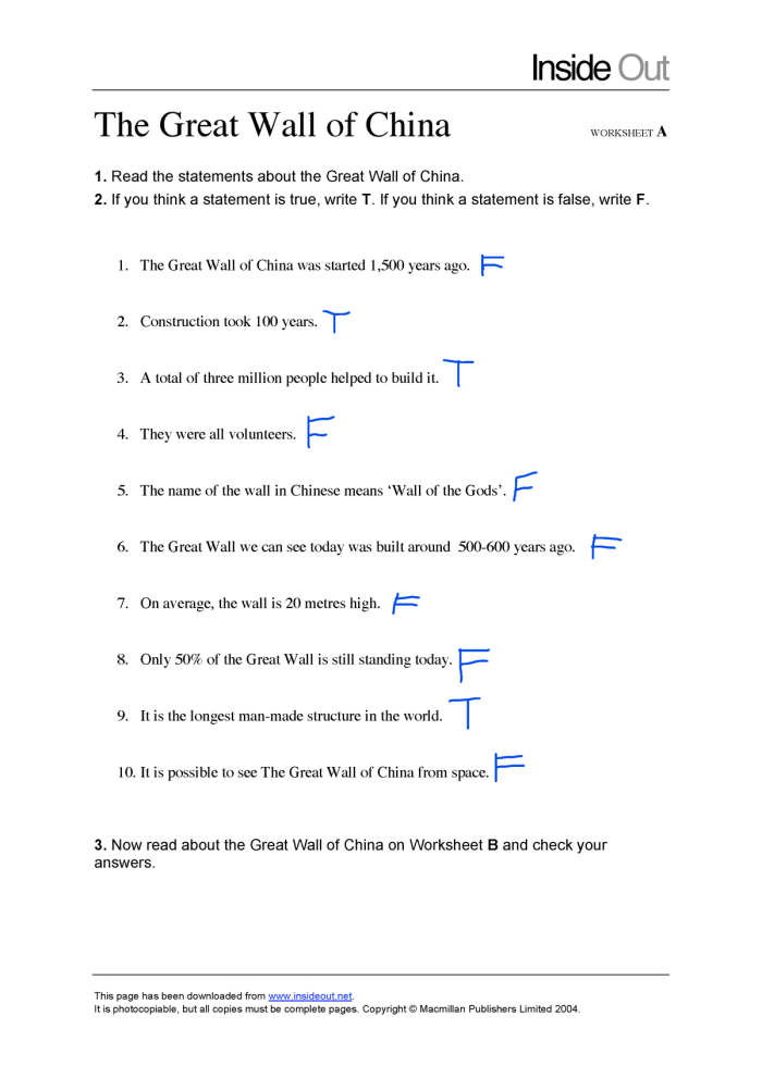 Great Wall of China worksheet for fourth graders focusing on fractions