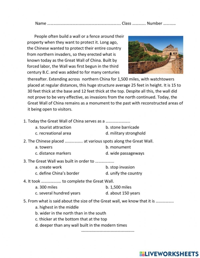 Great Wall of China worksheet for fourth graders focusing on fractions