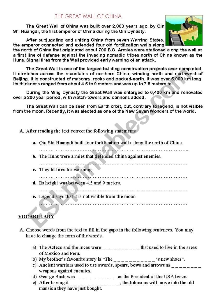 Great Wall of China worksheet for fourth-grade fractions practice
