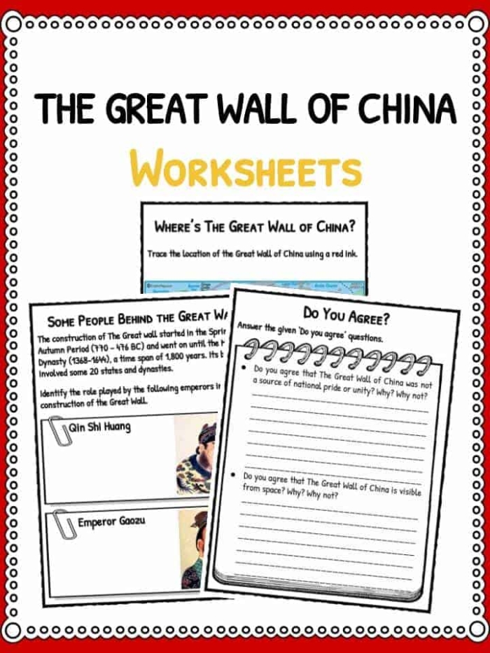 Worksheet featuring the Great Wall of China with a focus on fractions for fourth graders