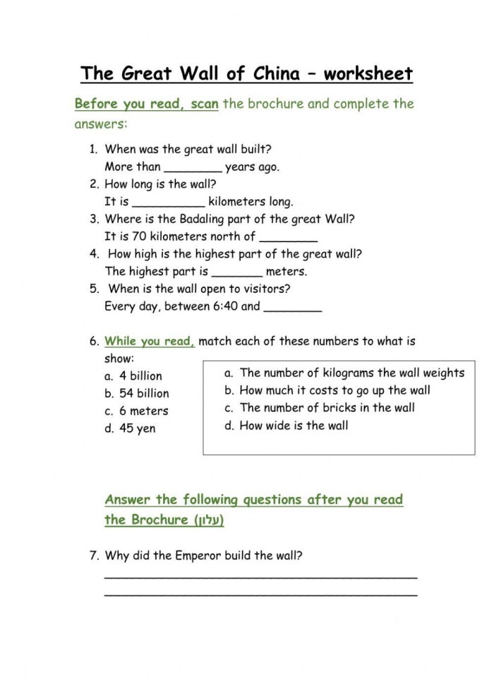 Great Wall of China worksheet for fourth-grade students learning about fractions