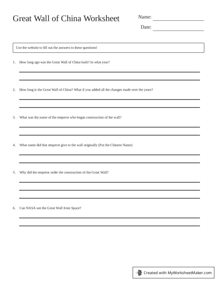 Great Wall of China worksheet for fourth graders focusing on fractions