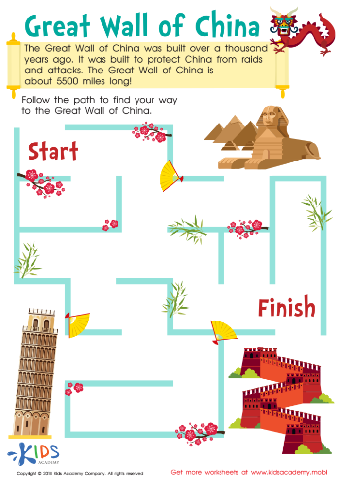 Great Wall of China worksheet designed for fourth-grade students learning about fractions