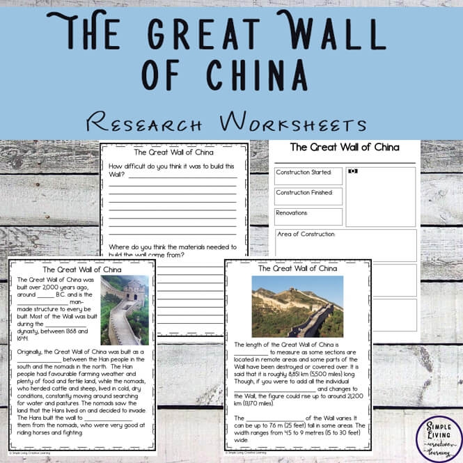 Worksheet featuring the Great Wall of China for teaching fractions to fourth graders