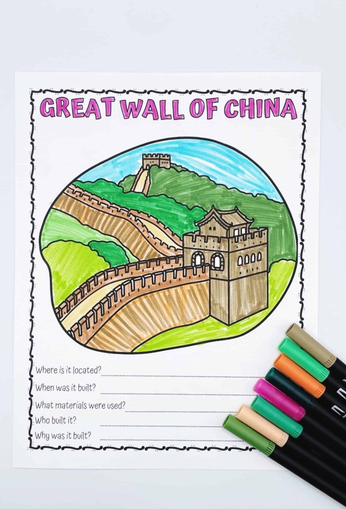 Great Wall of China worksheet designed for fourth graders focusing on fractions