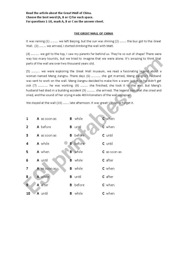 Great Wall of China worksheet for fourth graders focusing on fractions