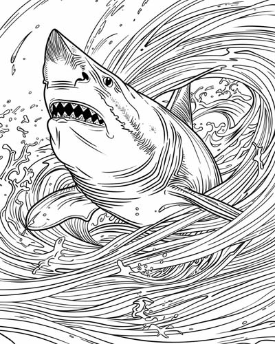 Pre-K coloring page featuring a detailed great white shark illustration for undersea science lessons