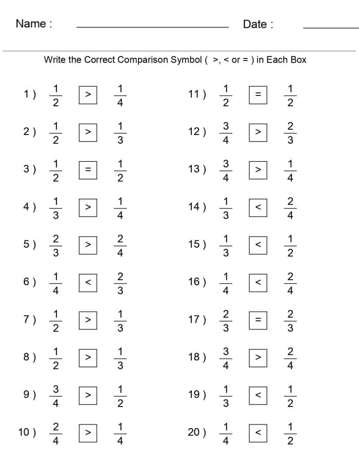 Fourth grade student working on a Greater Than or Less Than? Comparing Fractions math worksheet 23