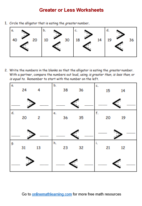 Greater Than Less Than Symbols Math Practice for Elementary Students Second grade math worksheet showing two-digit addition problems with greater than less than and equal to comparison symbols
