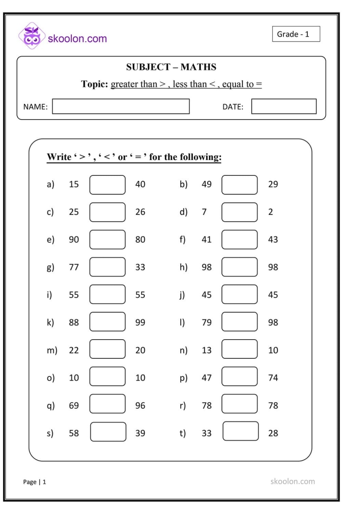 Greater Than Less Than Comparison Activity for Young Learners First grade math worksheet showing comparison exercises with greater than and less than symbols for number practice