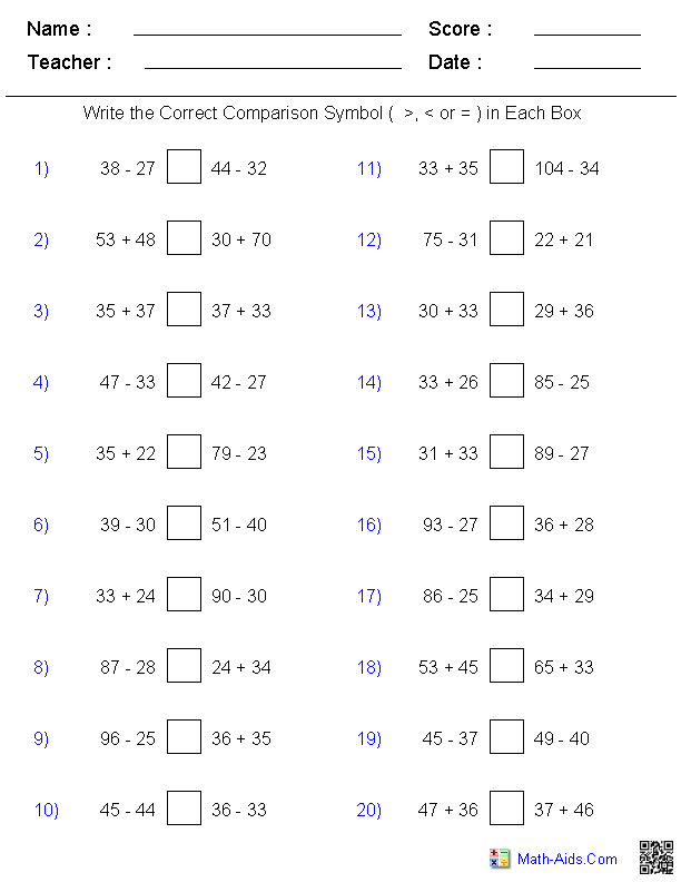 Greater Than Less Than Symbols Worksheet 11 for Second Grade Math Second grade math worksheet featuring two-digit addition problems and greater than less than comparison symbols