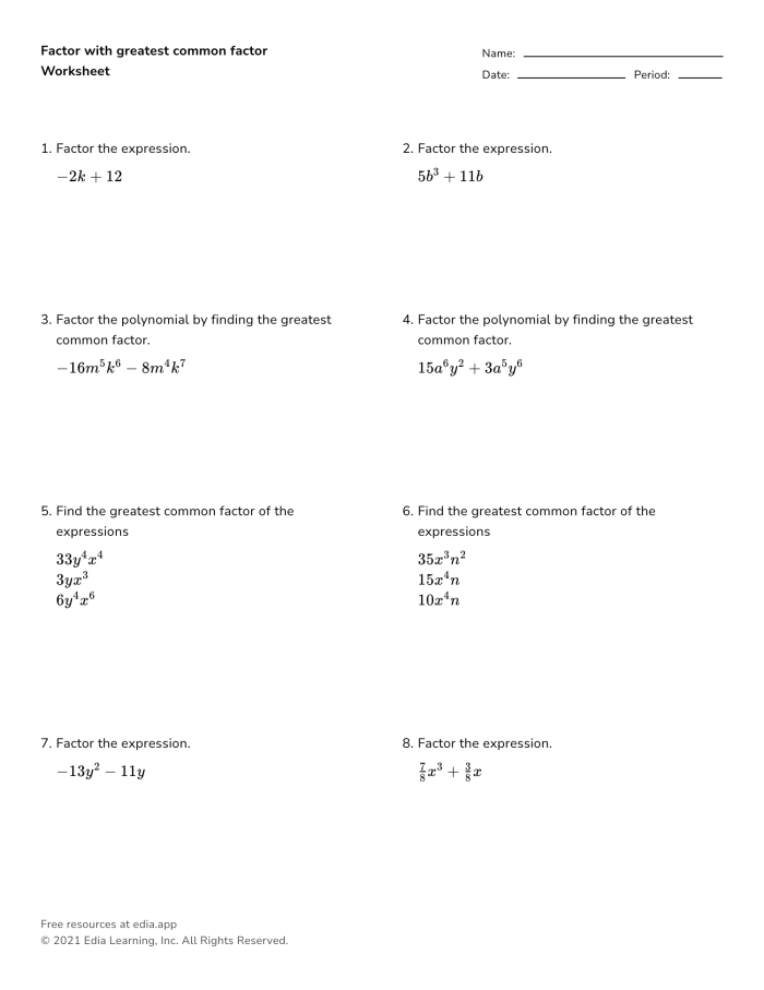 Worksheet illustrating factor rainbows for finding the greatest common factor of two numbers