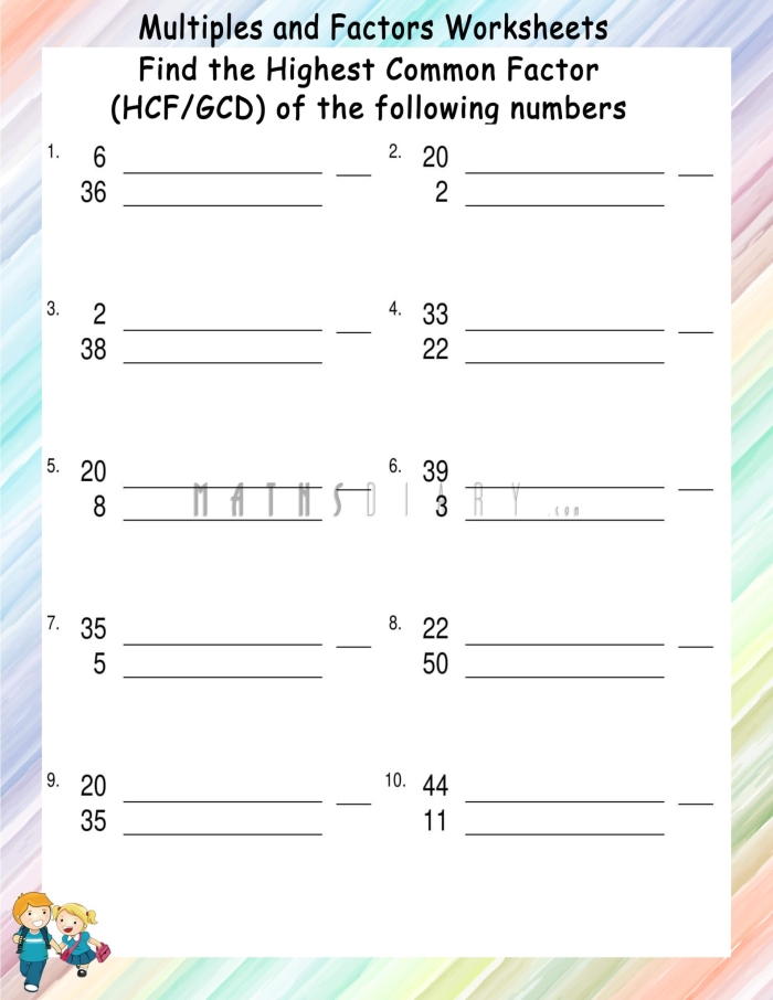 Worksheet demonstrating how to use factor rainbows to identify the greatest common factor of two numbers. Educational resource for sixth-grade students focusing on finding GCF.