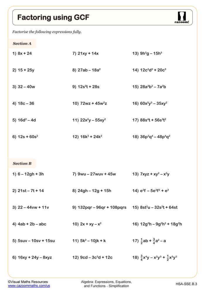 Worksheet illustrating factor rainbows to determine the greatest common factor for sixth graders