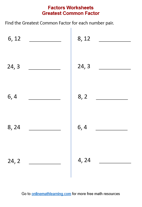 Worksheet illustrating factor rainbows for finding the greatest common factor of two numbers