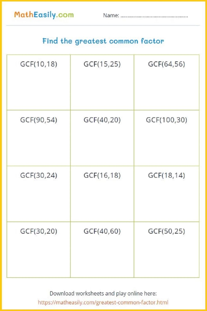 Worksheet illustrating factor rainbows to identify the greatest common factor for sixth graders