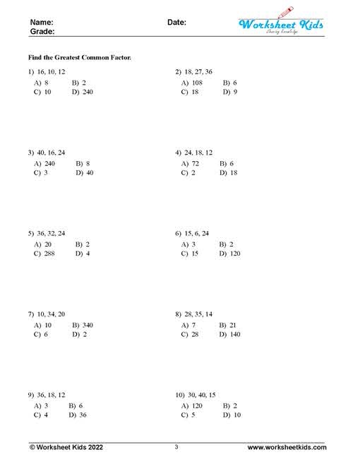 Worksheet illustrating factor rainbows for finding the greatest common factor of two numbers. Educational resource for sixth-grade students on determining GCF.
